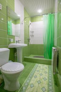 a green bathroom with a toilet and a shower at Gostinica Garmnonia Plus in Velikiye Luki