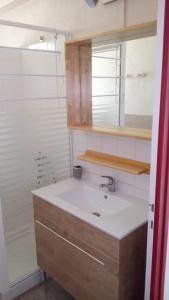 Un baño con lavabo y ducha en L'aligier - Les gites de Pierregras, en Vals-les-Bains