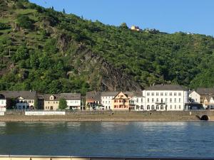 a town on the water next to a mountain at Kleine Pearl in Biebernheim