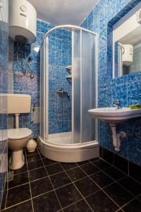 ein Badezimmer mit Dusche, Toilette und Waschbecken in der Unterkunft Sea View Apartments Pericic in Sukošan