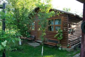 una cabaña de madera con un banco en el patio en Casa Ana, en Biertan