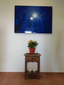 une peinture accrochée à un mur avec une plante sur une table dans l'établissement Albergue Turístico Tierras Altas, à Fuentes de Magaña