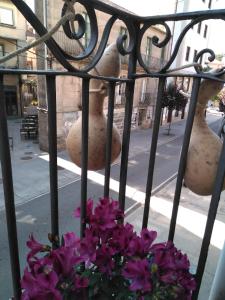 a bunch of vases on a fence with purple flowers at Alfonso XII in Redondela