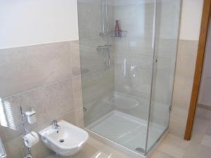 W łazience znajduje się prysznic i umywalka. w obiekcie Sillia Appartamenti w mieście Pinzolo