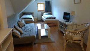 ein Wohnzimmer mit 2 Betten und einem Sofa in der Unterkunft Apartmány Nová Pec in Nová Pec