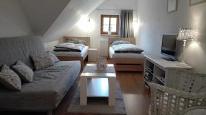 ein Wohnzimmer mit 2 Betten und einem Sofa in der Unterkunft Apartmány Nová Pec in Nová Pec