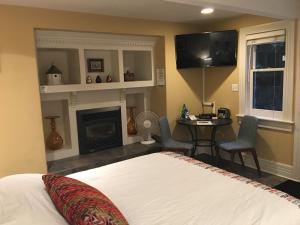 a bedroom with a bed and a fireplace and a tv at Robert Porter House Inn in Victoria
