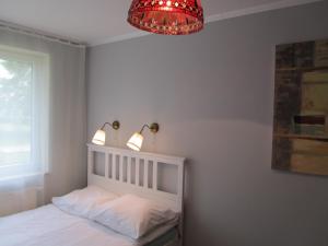 a bedroom with a bed with two lights above it at Apartament Marycha Sejny in Sejny