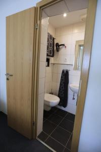 La salle de bains est pourvue de toilettes et d'un lavabo. dans l'établissement Winzerschenke, à Beilstein
