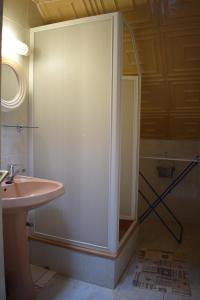 a bathroom with a shower and a sink at Zsuzsi Apartman in Zalakaros +17 photos