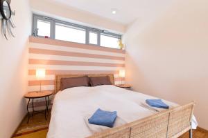 倫山比紹夫斯海姆的住宿－Rhönhaus mit Kreuzbergblick，一间卧室配有一张大床和两个蓝色枕头