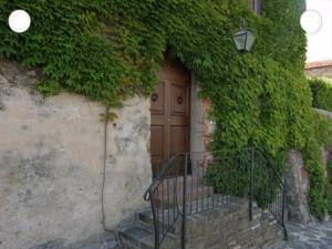 a building with a wooden door with ivy on it at Casale nel Borgo in Castiglione della Pescaia