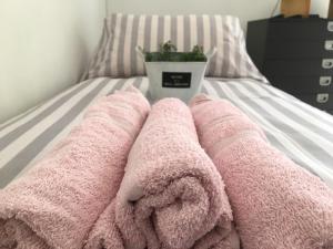 a pink blanket on a bed with a potted plant at La Luna e il faló in Ceriale