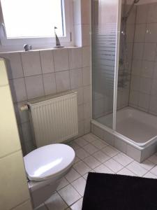 a white bathroom with a toilet and a shower at Fewo Metzger in Eigeltingen