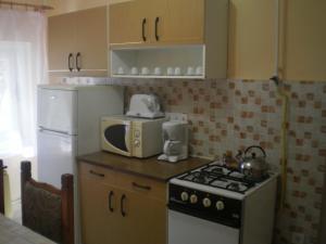a kitchen with a stove and a microwave at Ráday Apartman in Hajdúszoboszló