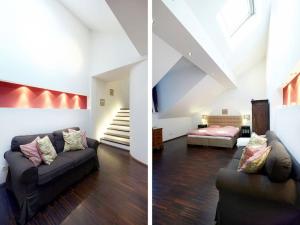 dwa zdjęcia salonu z kanapą w obiekcie Vienna Penthouse 1 w Wiedniu