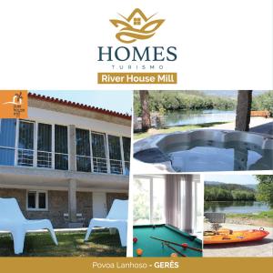 un collage di foto di una casa e di una piscina di Turismo Homes River House Mill Gerês a Póvoa de Lanhoso