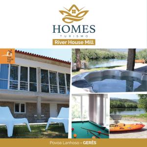 a collage of pictures of a house and a pool at River House Mill Gerês in Póvoa de Lanhoso