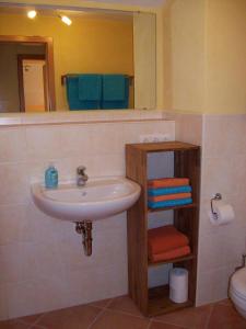a bathroom with a sink and a mirror and a toilet at Ferienwohnung Haus Hollerbusch in Zwiesel