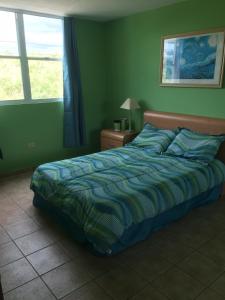 a bed in a bedroom with a green wall at Comfortable Apartment in Boqueron - cash only in Cabo Rojo