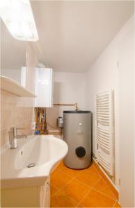 ein Badezimmer mit einem Waschbecken und einem Mülleimer in der Unterkunft Studio Southwest in Ljubljana