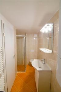 a bathroom with a shower and a sink and a toilet at Studio Southwest 1 with AirCon & FREE Parking in Ljubljana