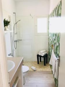 a bathroom with a shower and a toilet and a sink at Cabaña Cala Saona in Sant Francesc Xavier