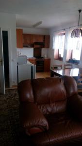 a living room with a brown leather couch and a kitchen at Apartment Železný Hrozen in Valtice