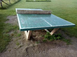 a green ping pong table sitting in a field at chalet 2007 in Le Boulay