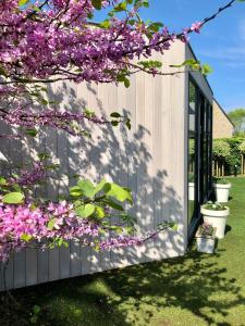 ein Haus mit lila Blumen auf der Seite in der Unterkunft Mar y Luz in Koksijde