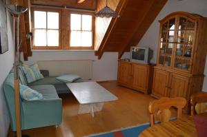 a living room with a couch and a tv at Schuler-Petschler in Obereisenheim