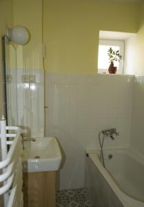 a bathroom with a sink and a tub and a sink and a toilet at Lately renovated country house in Trenčín