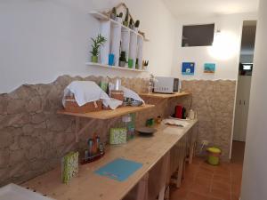 a kitchen with a counter and a stone wall at La Macchia in Melendugno