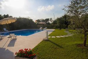um quintal com uma piscina e um guarda-sol em Agriturismo Dell'Orto Apartments em Verona