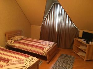 um quarto com 2 camas, uma televisão e uma janela em Hotel Svitlytsia em Tyachiv