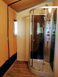 a shower with a glass door in a room at La Fortinerie Glamping Safari Tent with Hot Tub in Mouliherne