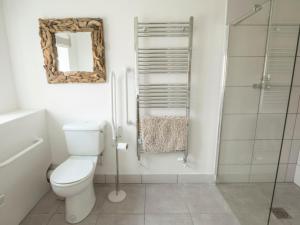 a bathroom with a toilet and a shower at Shakespeare Cottage in Lincoln