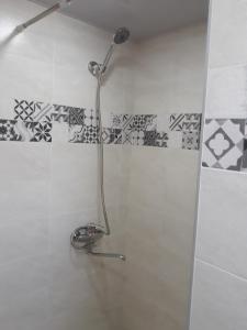 a shower in a bathroom with black and white tiles at Chalet Pkhelshe in Kazbegi