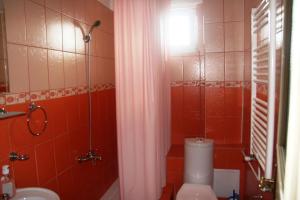 a bathroom with a toilet and a shower and a sink at Pensiunea Sydney in Timişoara
