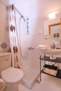 a bathroom with a toilet and a sink and a shower at Marlitsis Apartments & Studios in Skopelos Town +84 photos