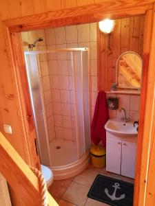 a small bathroom with a shower and a sink at Osada Rybacka in Jastrzębia Góra