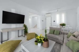 a living room with a couch and a tv on a wall at Maria & Nada Beachfront Villas in Kolimbia
