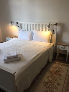 Un dormitorio con una gran cama blanca con dos lámparas. en Студия Давидов "Studios Davidoff"- апартаменти под наем, en Plovdiv