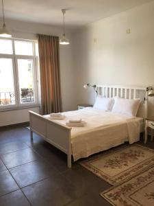 Un dormitorio con una cama grande y una ventana grande. en Студия Давидов "Studios Davidoff"- апартаменти под наем, en Plovdiv