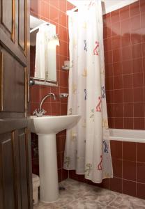 a bathroom with a sink and a shower curtain at Studio Pipo in Varna City