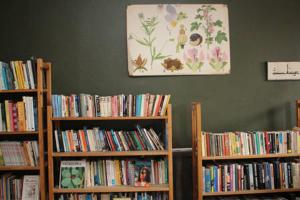una habitación con varias estanterías llenas de libros en Lindsbergs Kursgard and hostel, en Falun