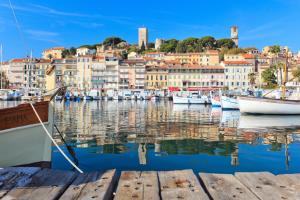 vistas a un puerto con barcos en el agua en Hotel Cannes Croisette en Cannes