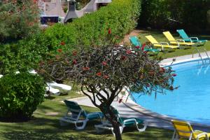 a tree with red fruit next to a swimming pool at Apartamentos Mar-Sol Villas in Vilamoura +73 photos