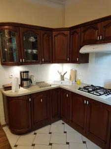 a kitchen with wooden cabinets and a stove top oven at Ogarna 88 in Gdańsk