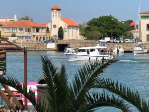 a boat is docked in a river with buildings at Villa L'Amiraute in Agde